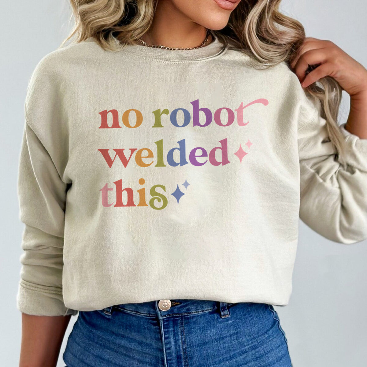 No Robot Welded This Care & Resist Gildan crewneck sweatshirt in Sand