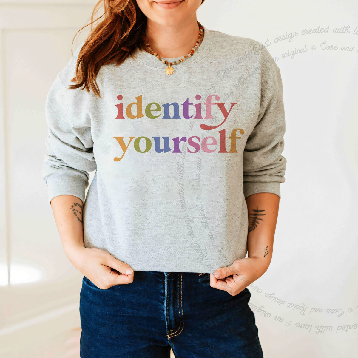 Identify Yourself Care & Resist Gildan crewneck sweatshirt in Sport Grey