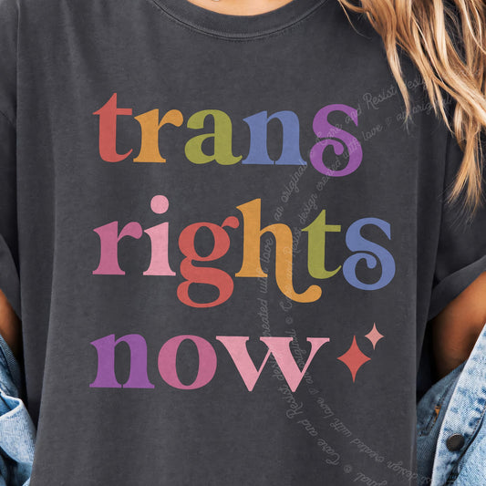 Trans Rights Now Care & Resist progressive t-shirt in Graphite