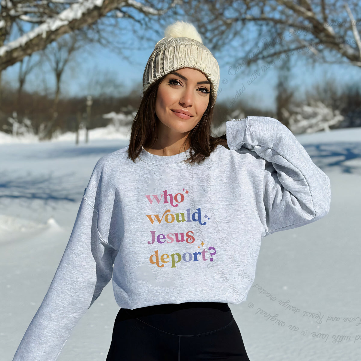 Who Would Jesus Deport? Care & Resist Gildan crewneck sweatshirt in Sport Grey