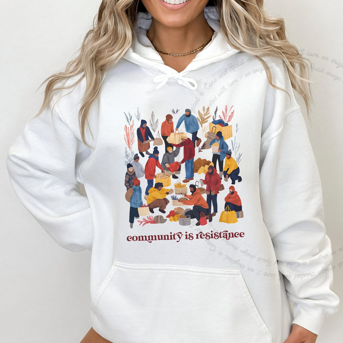 Community is Resistance Retro People Care & Resist Gildan hoodie in White
