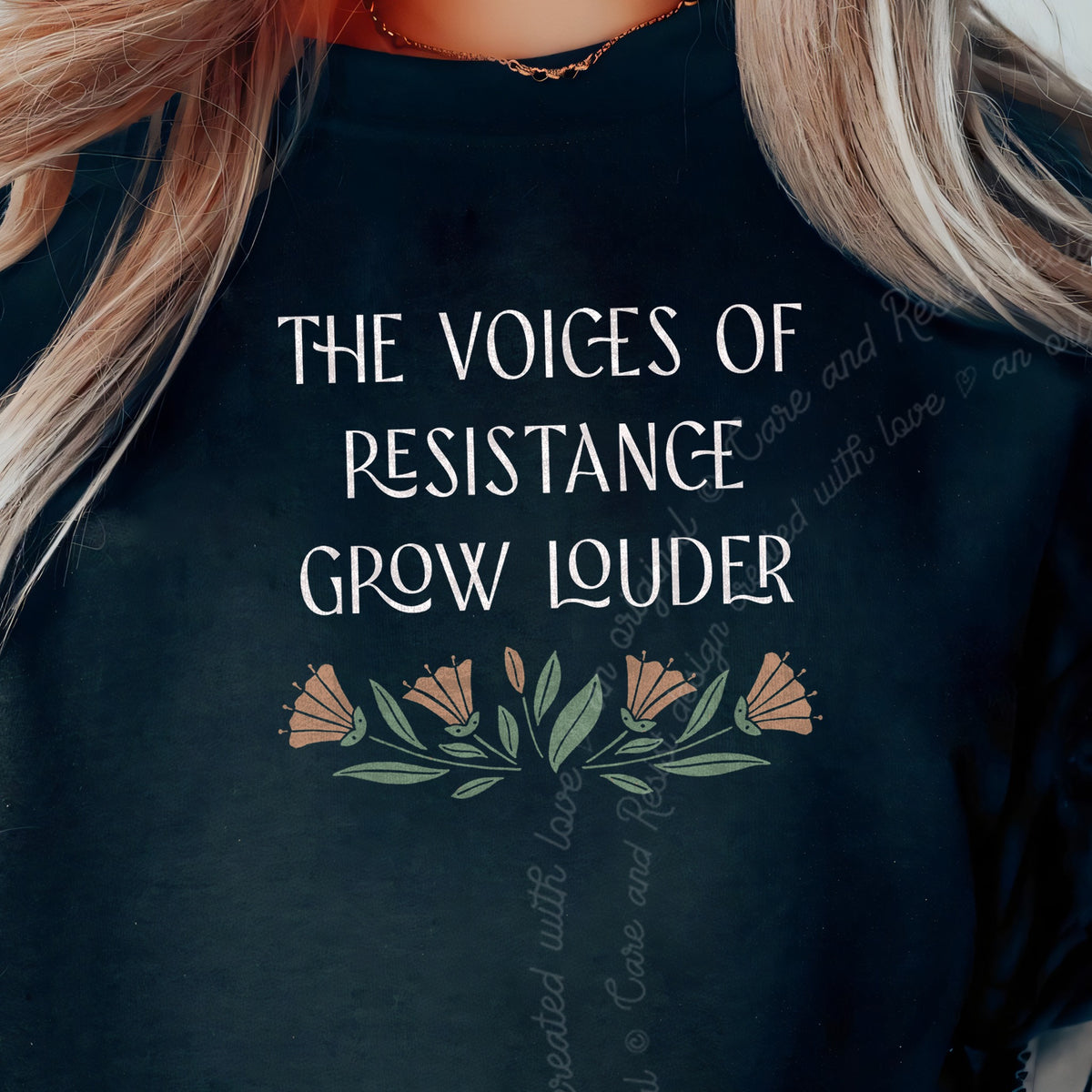 The Voices of Resistance Grow Louder Care & Resist Gildan crewneck sweatshirt in Black