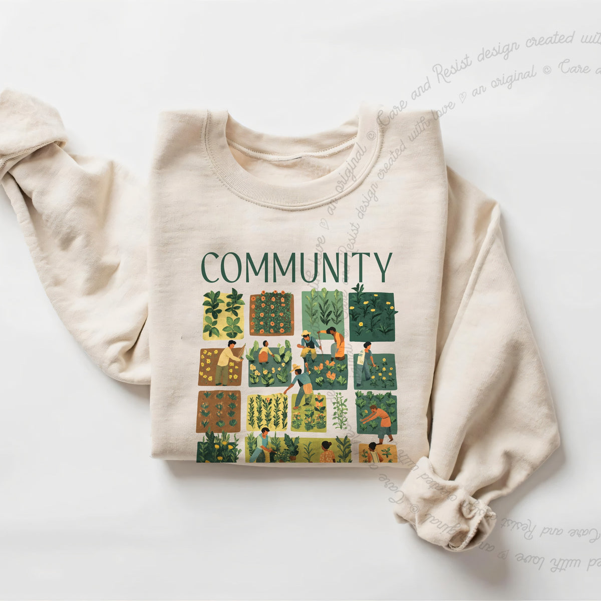 Community Is Resistance Garden Squares Care & Resist Gildan crewneck sweatshirt in Sand