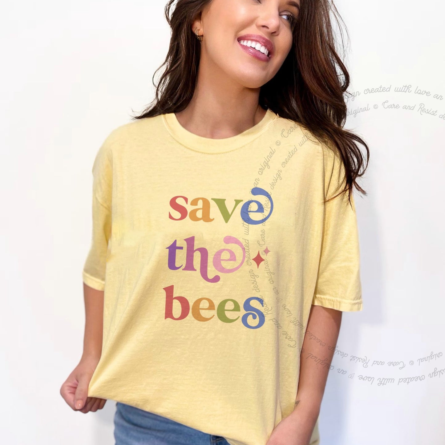 Save the Bees Care & Resist rainbow Comfort Colors tee, Banana