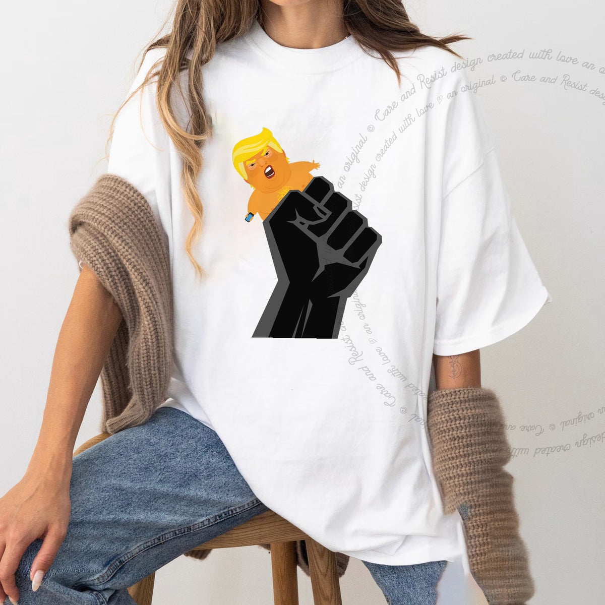Resist Fist and Trump Blimp Care & Resist progressive t-shirt in White