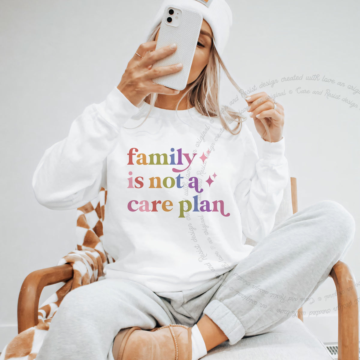 Family is not a Care Plan Care & Resist Gildan crewneck sweatshirt in White