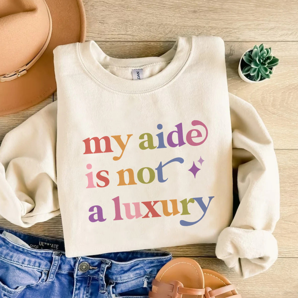 My Aide is not a Luxury Care & Resist Gildan crewneck sweatshirt in Sand
