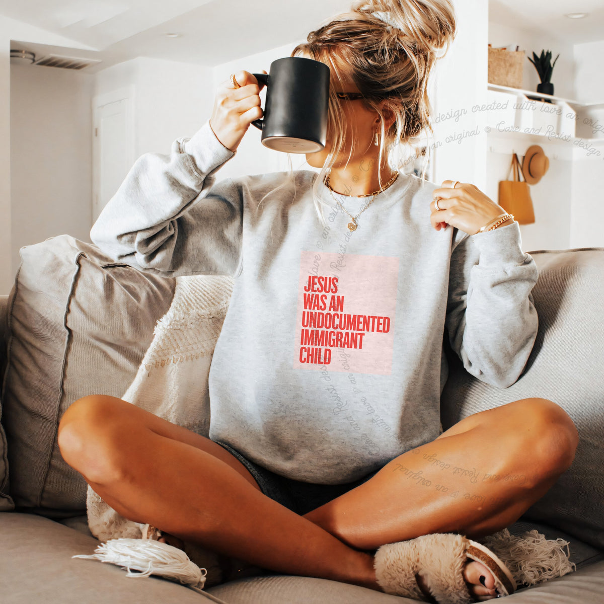 Jesus Was an Undocumented Immigrant Child Care & Resist Gildan crewneck sweatshirt in Sport Grey