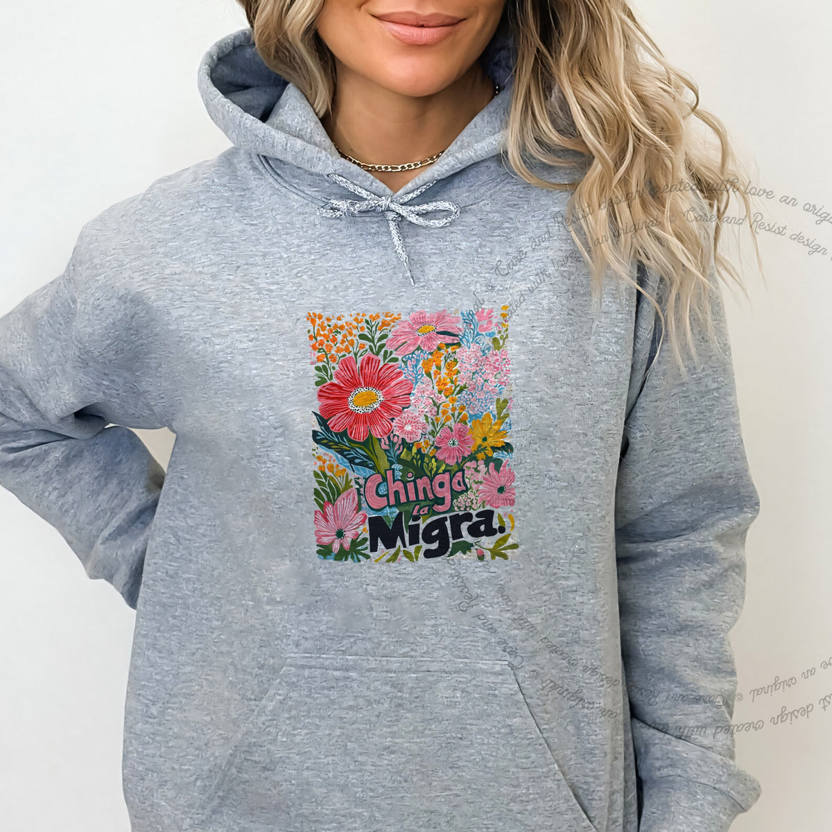 Chinga La Migra Care & Resist Gildan hoodie in Sport Grey