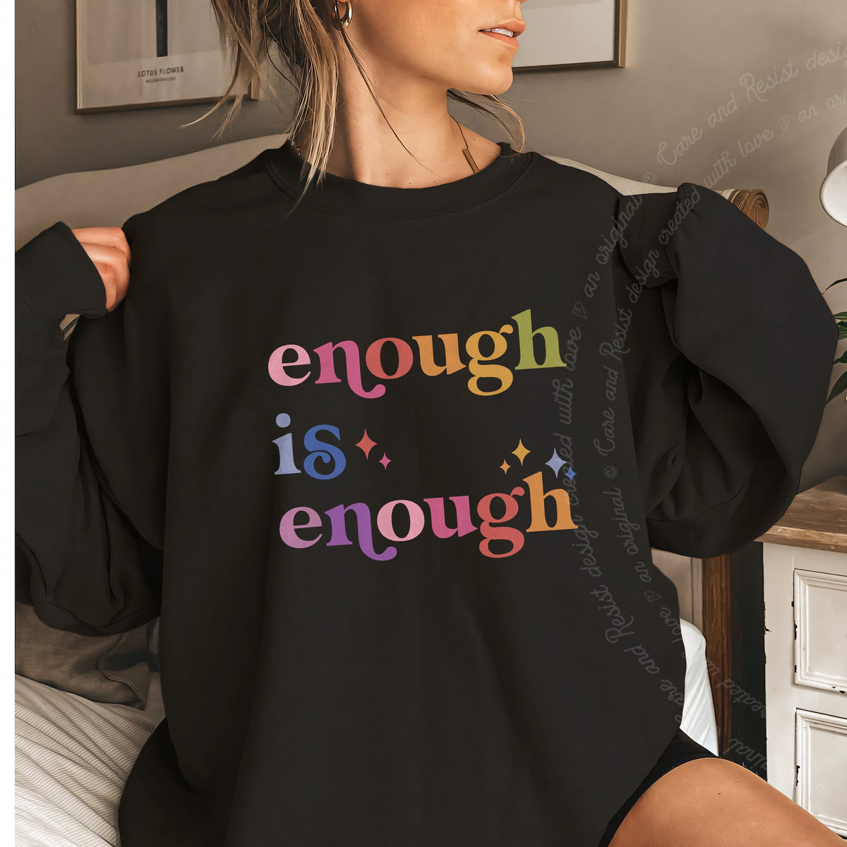 Enough Is Enough Care & Resist Gildan crewneck sweatshirt in Black