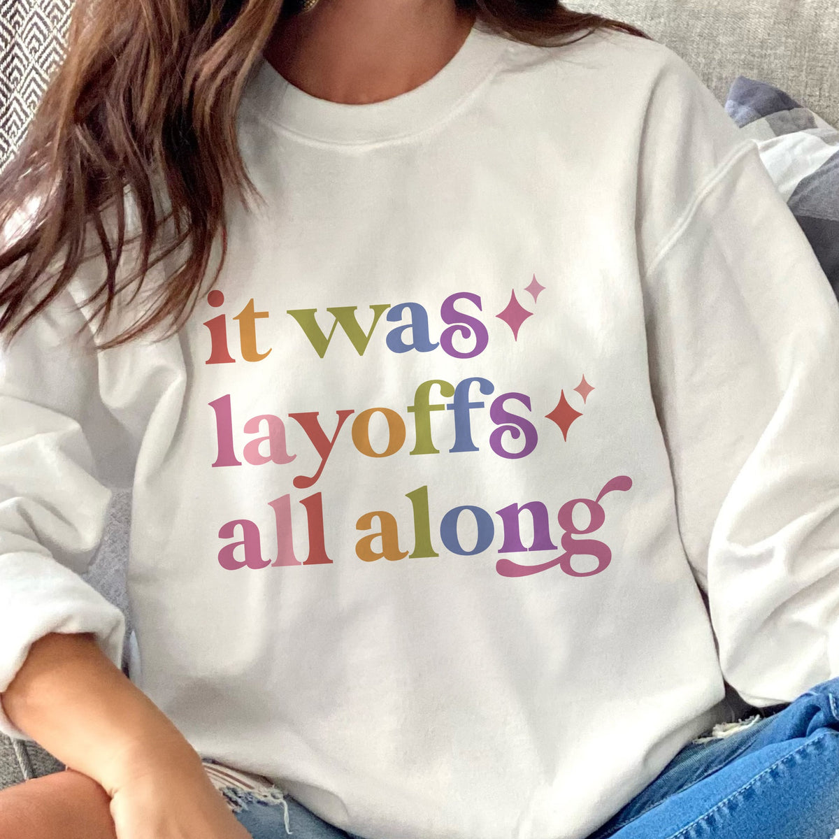 It Was Layoffs All Along Care & Resist Gildan crewneck sweatshirt in White