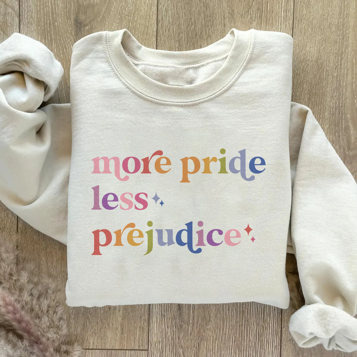 More Pride Less Prejudice Care & Resist Gildan crewneck sweatshirt in Sand