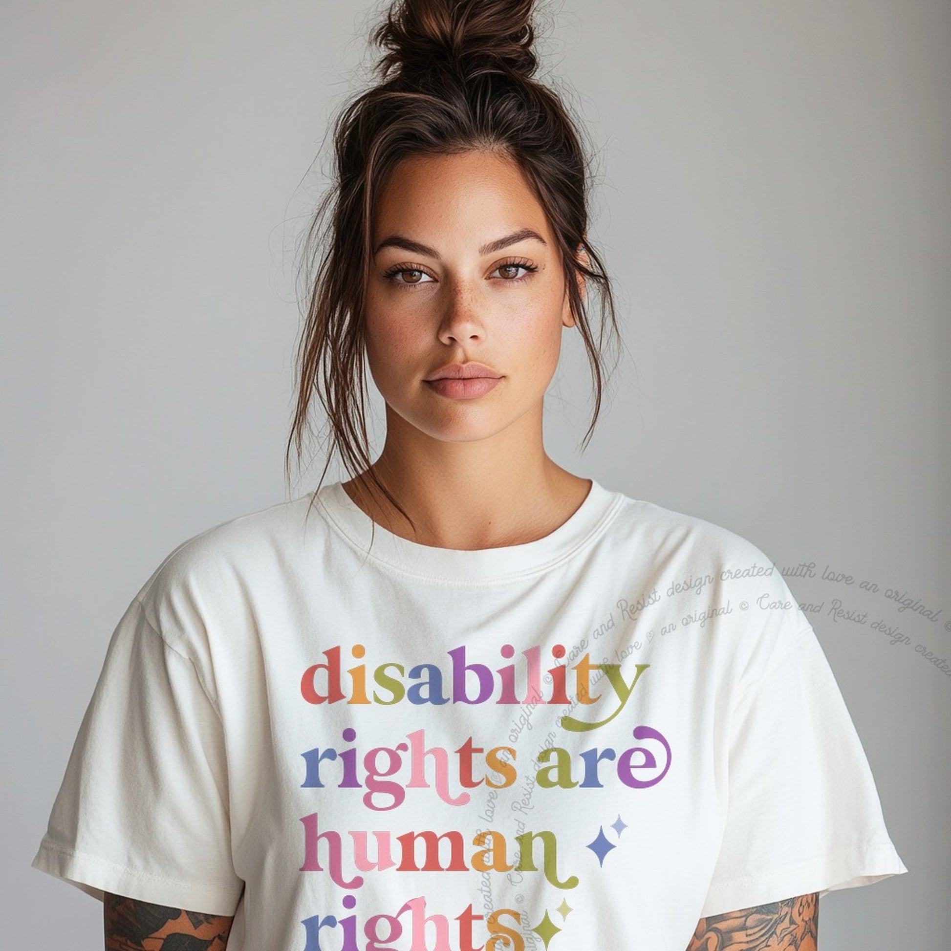 Disability Rights are Human Rights Care & Resist rainbow Comfort Colors tee, White
