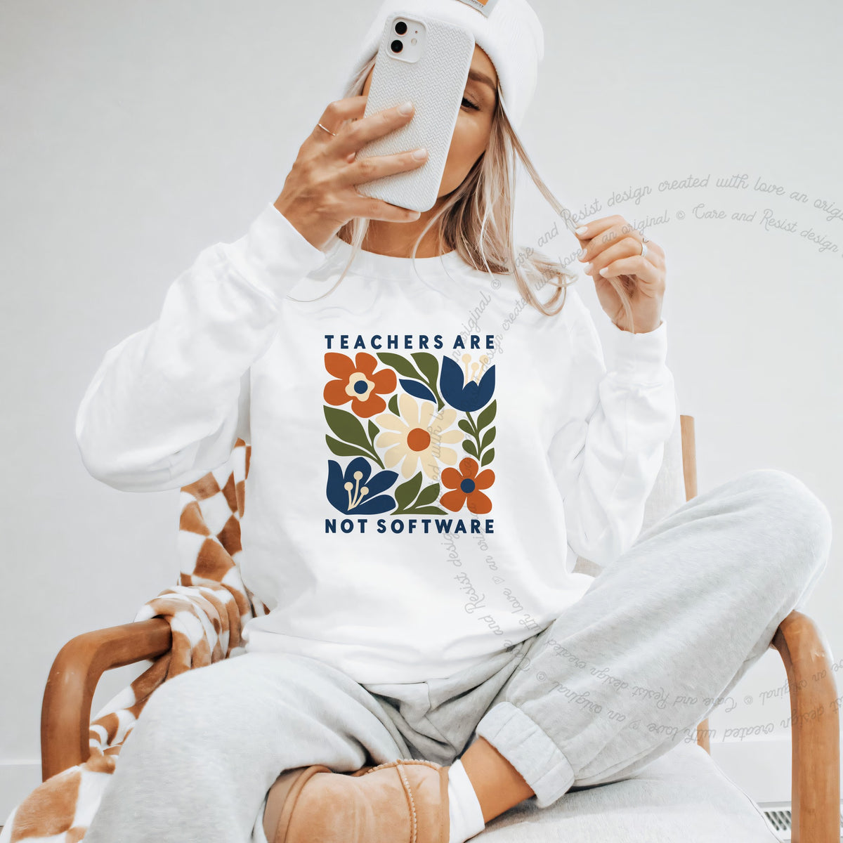 Teachers are not Software Cutout Care & Resist Gildan crewneck sweatshirt in White