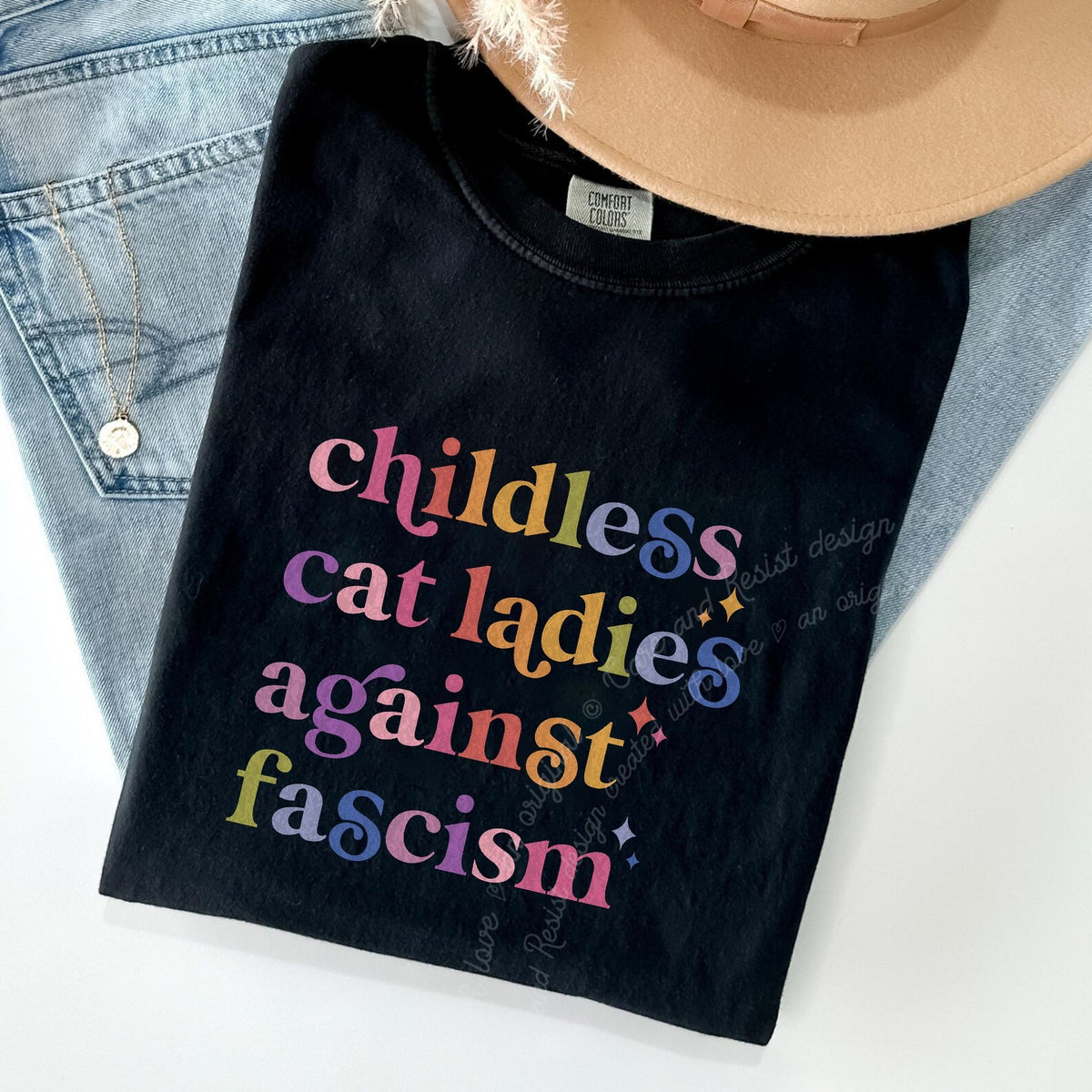 Childless Cat Ladies Against Fascism Care & Resist progressive t-shirt in Black