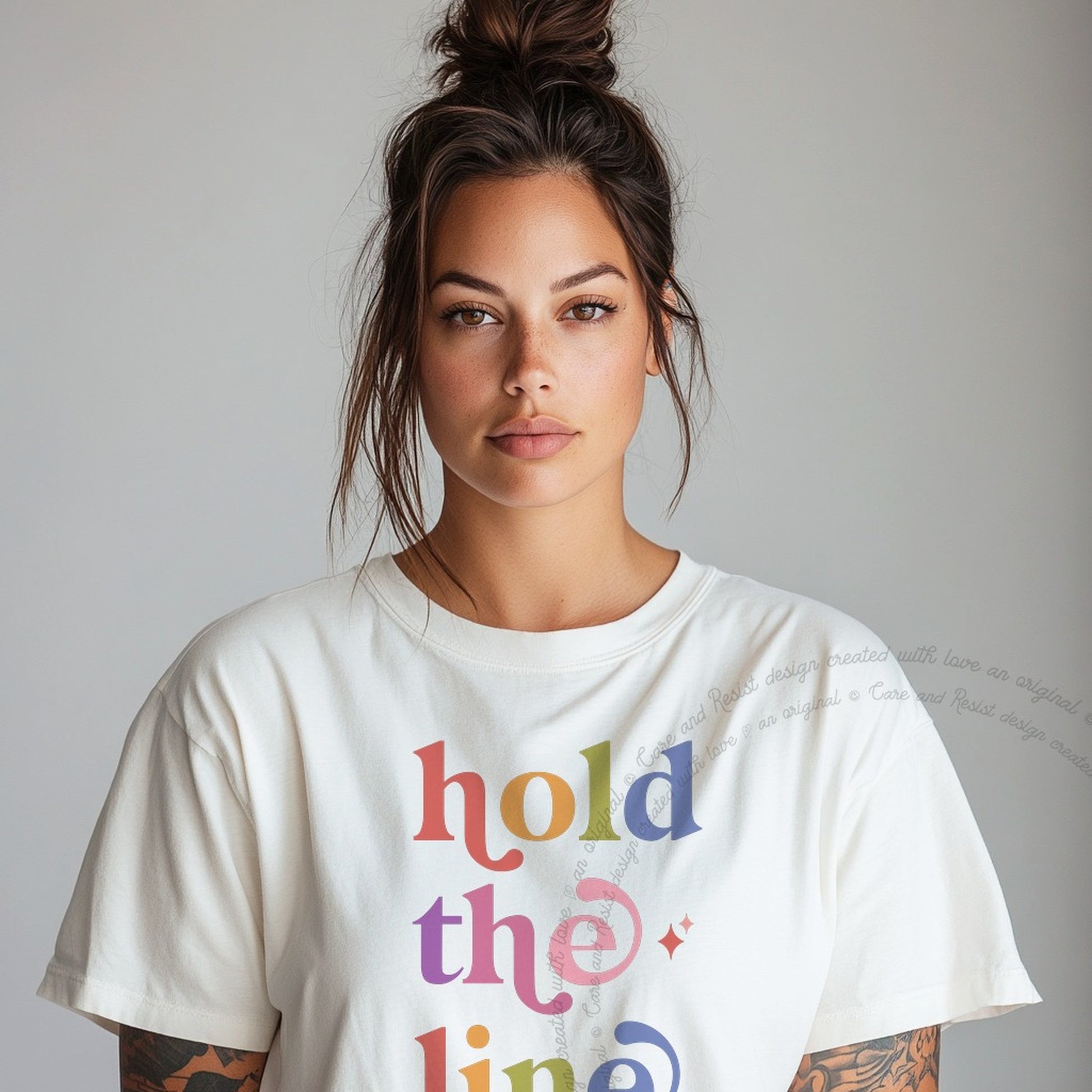 Hold the Line Care & Resist rainbow Comfort Colors tee, White