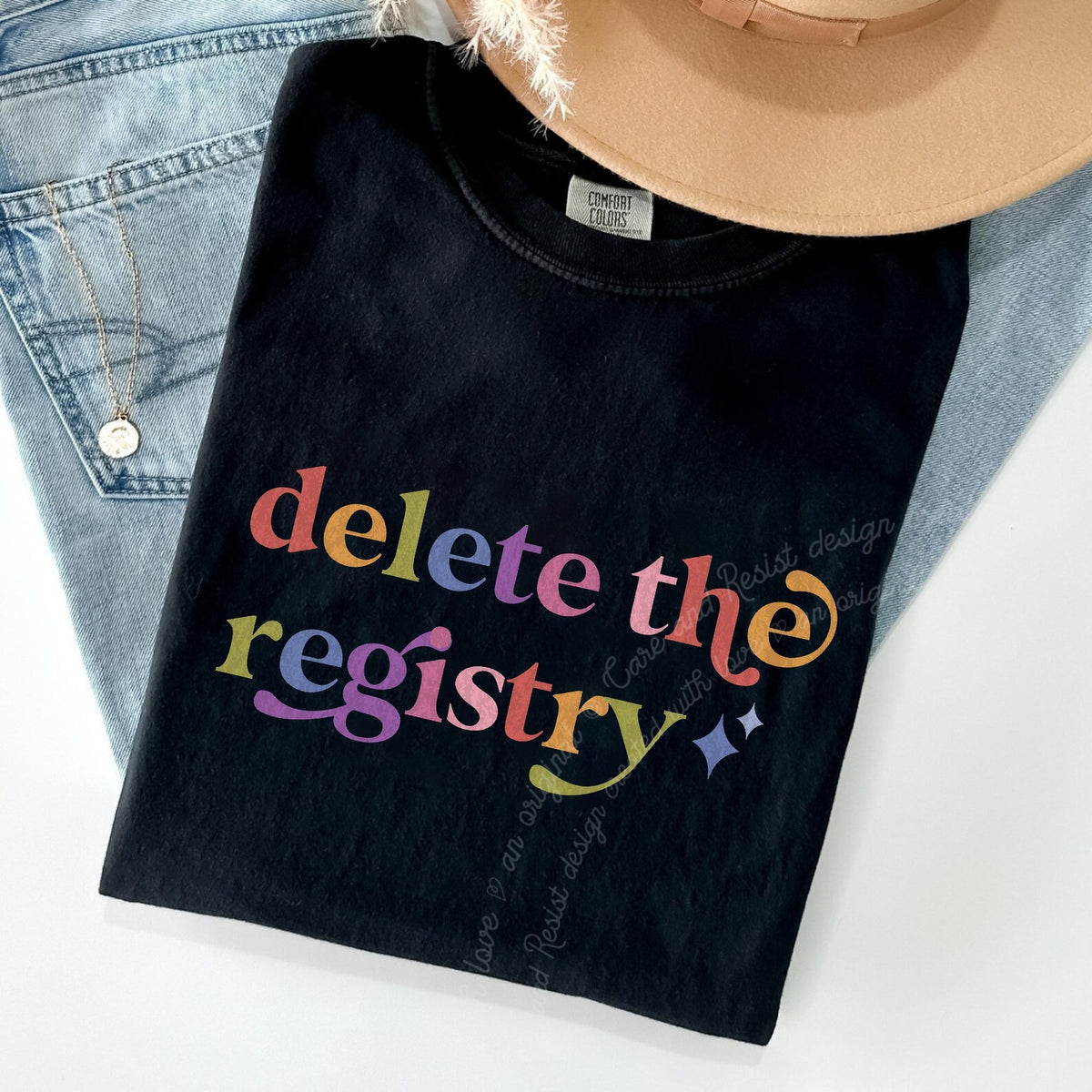 Delete the Registry Care & Resist rainbow tee