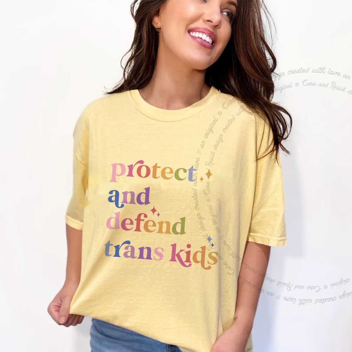 Protect and Defend Trans Kids Care & Resist progressive t-shirt in Banana