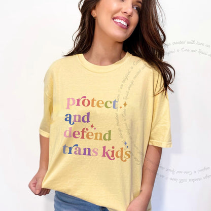 Protect and Defend Trans Kids Care & Resist progressive t-shirt in Banana