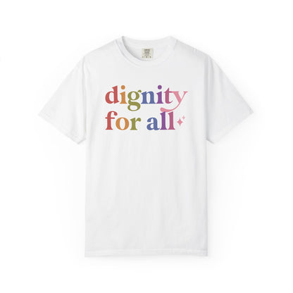 Dignity for All Care & Resist rainbow Comfort Colors tee