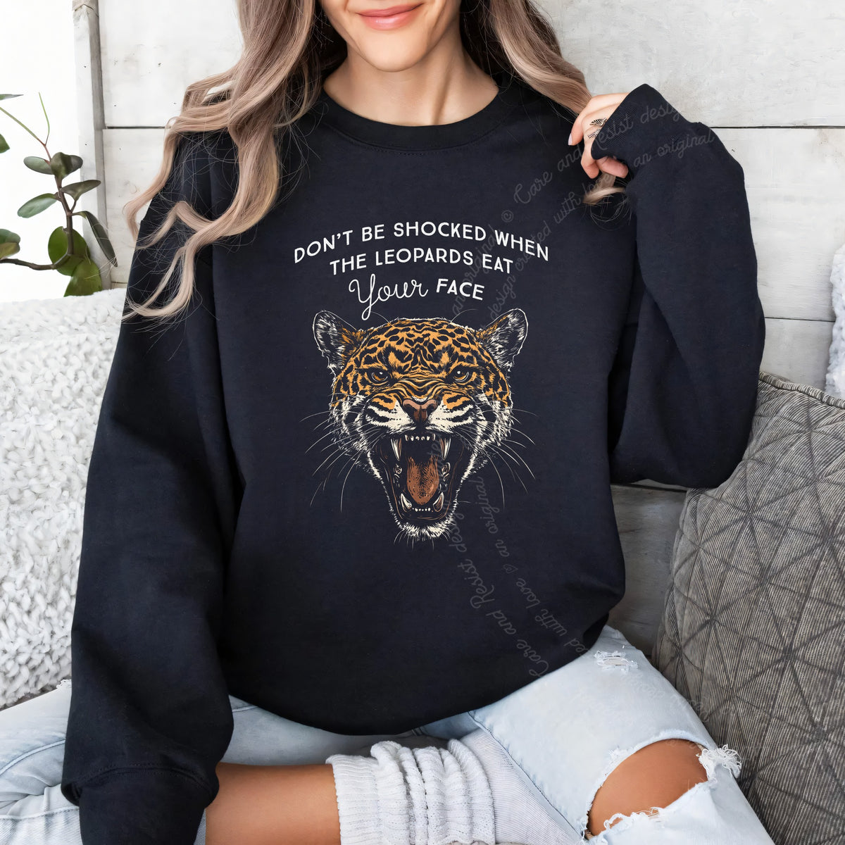 Don't Be Shocked When the Leopards Eat Your Face Care & Resist Gildan crewneck sweatshirt in Black