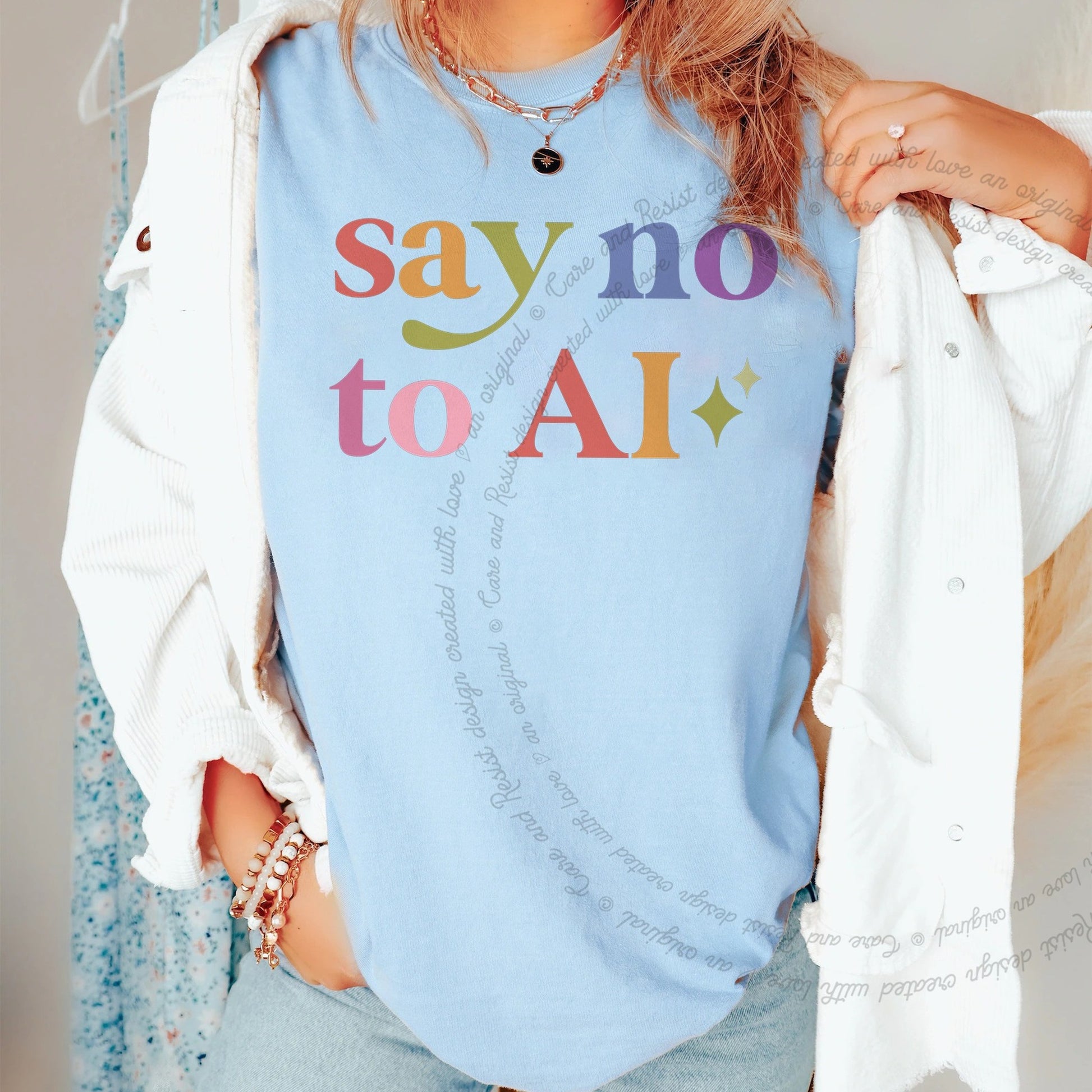 Say No to Ai Care & Resist rainbow Comfort Colors tee, Chambray