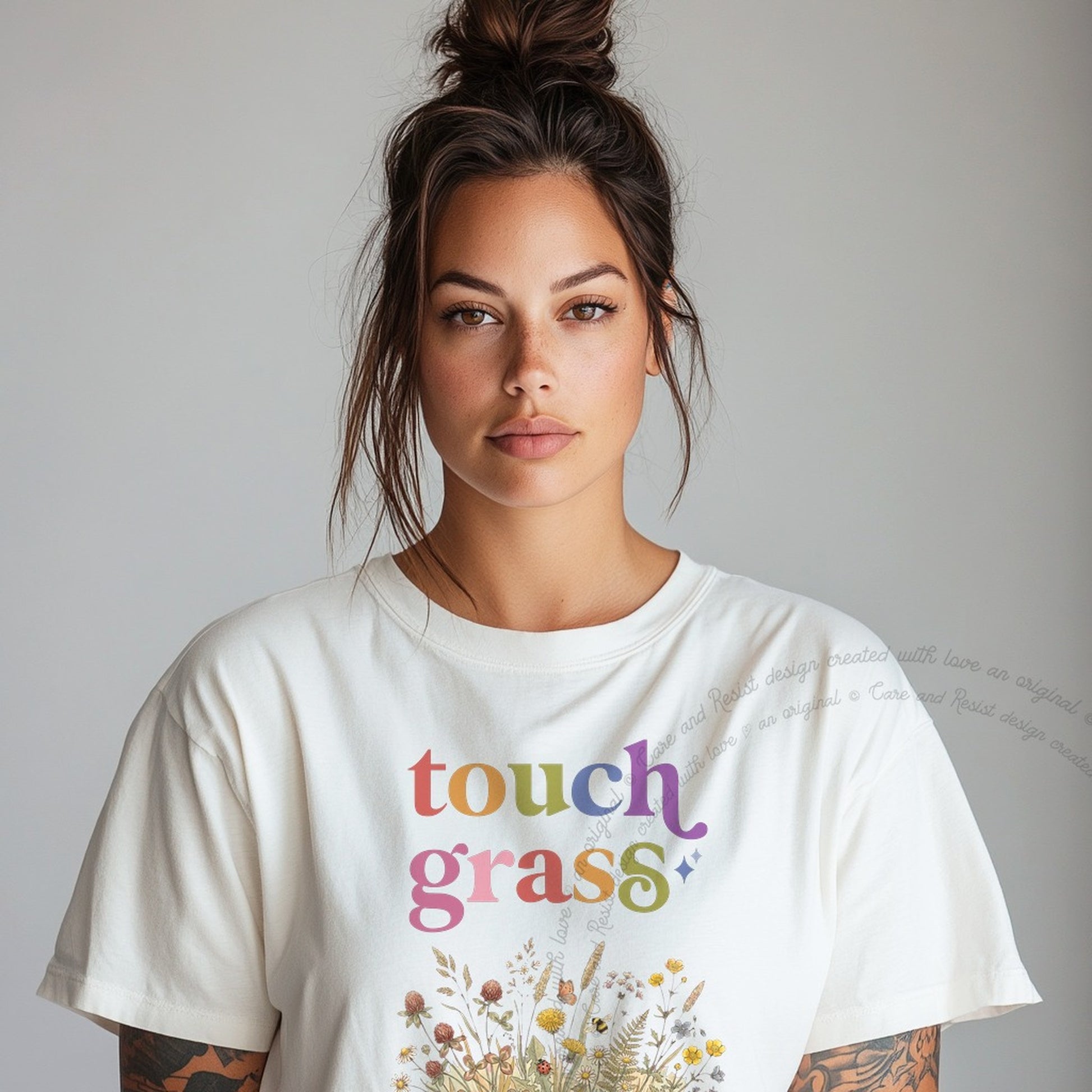 Touch Grass Care & Resist rainbow Comfort Colors tee, White