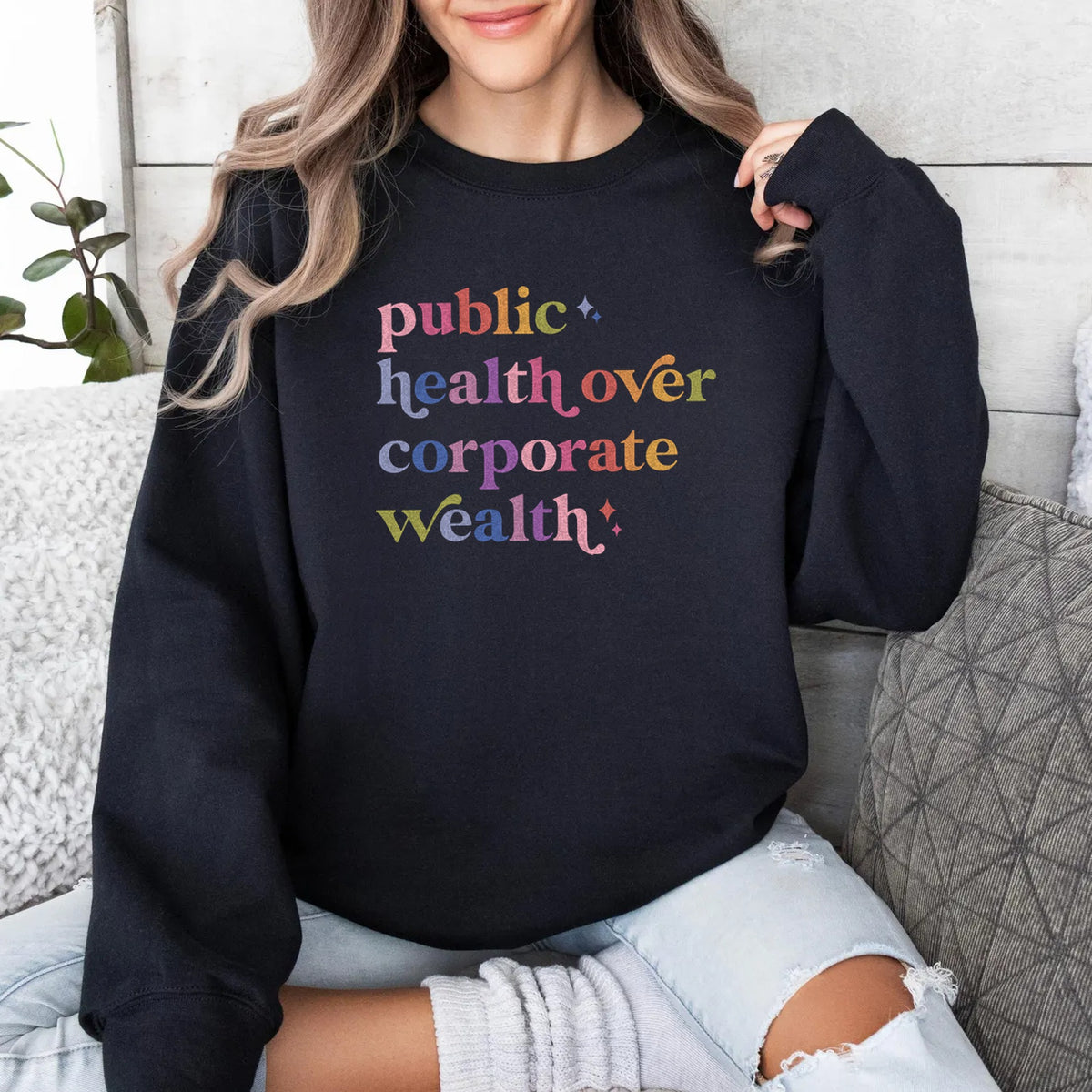 Public Health Over Corporate Wealth Care & Resist Gildan crewneck sweatshirt in Black