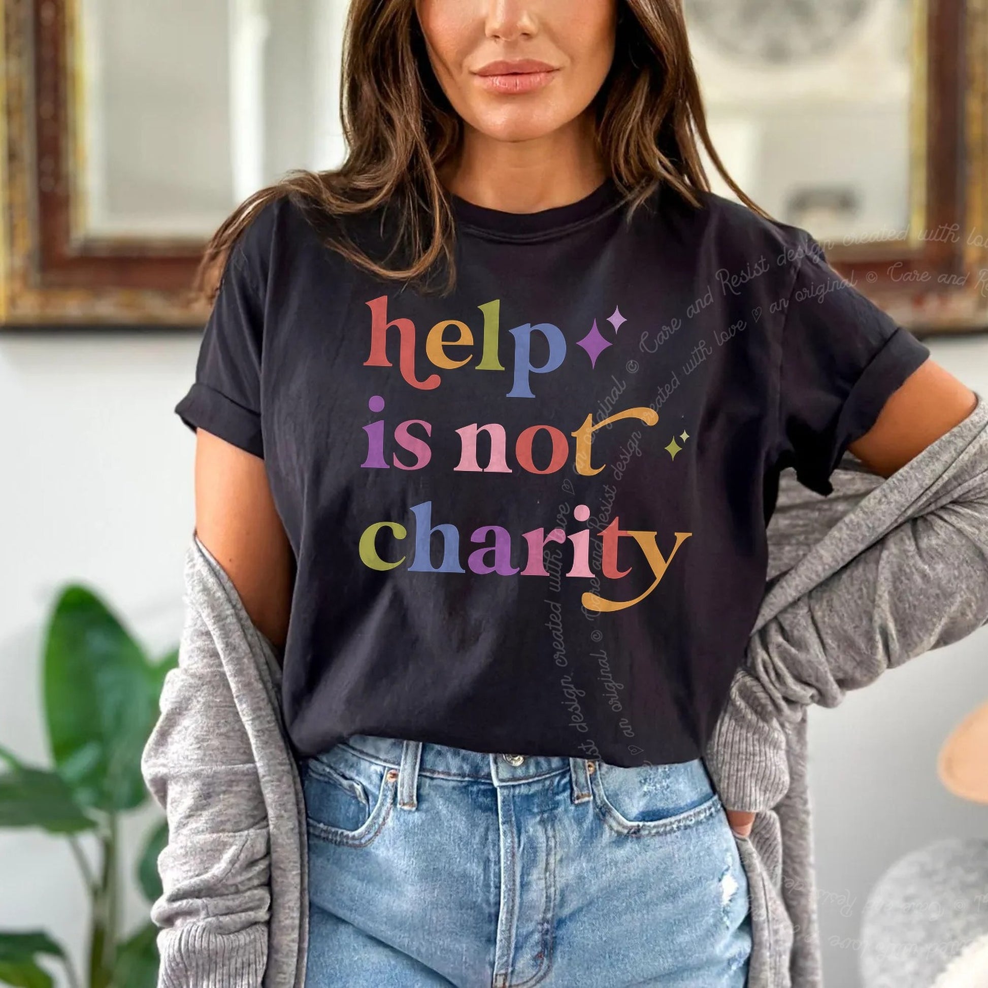 Help is not Charity Care & Resist rainbow Comfort Colors tee, Black