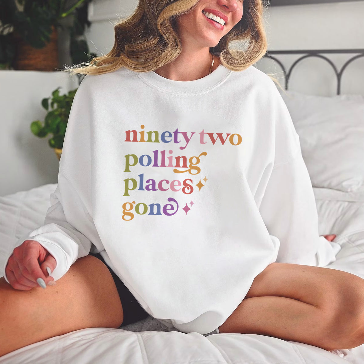 Ninety Two Polling Places Gone Care & Resist Gildan crewneck sweatshirt in White