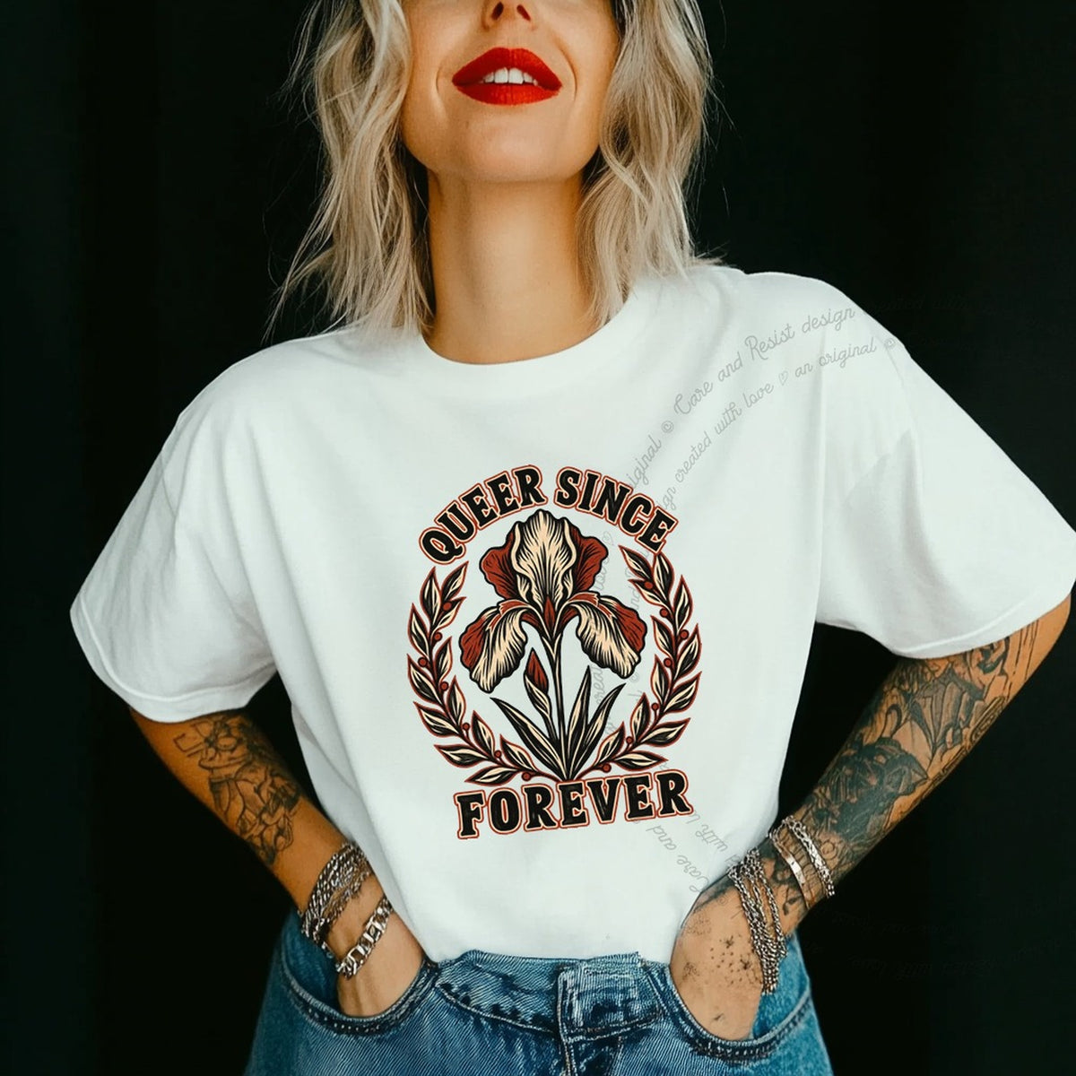 Queer Since Forever Iris Linocut Care & Resist progressive t-shirt in White
