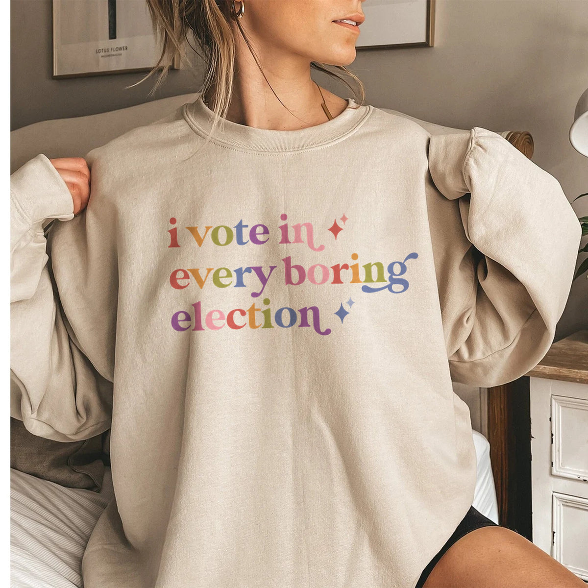 I Vote in Every Boring Election Care & Resist Gildan crewneck sweatshirt in Sand
