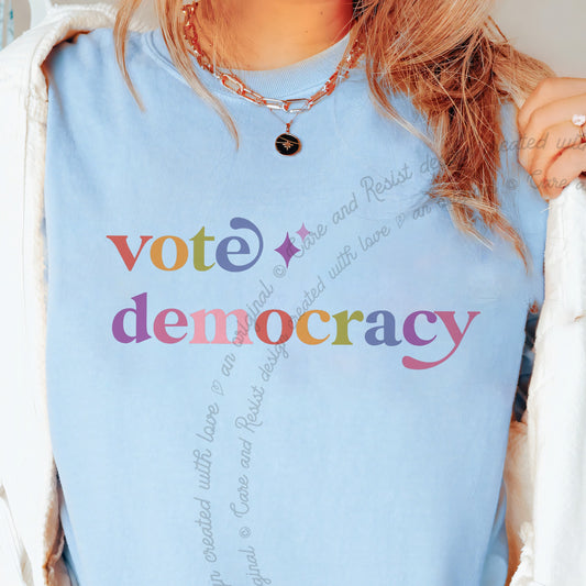 Vote Democracy Care & Resist progressive t-shirt in Chambray