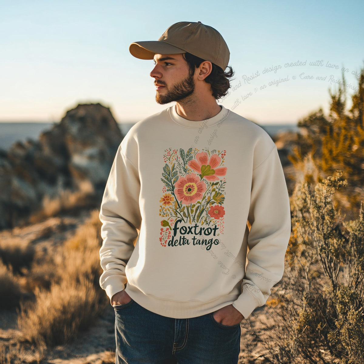 Foxtrot Delta Tango Care & Resist Gildan crewneck sweatshirt in Sand