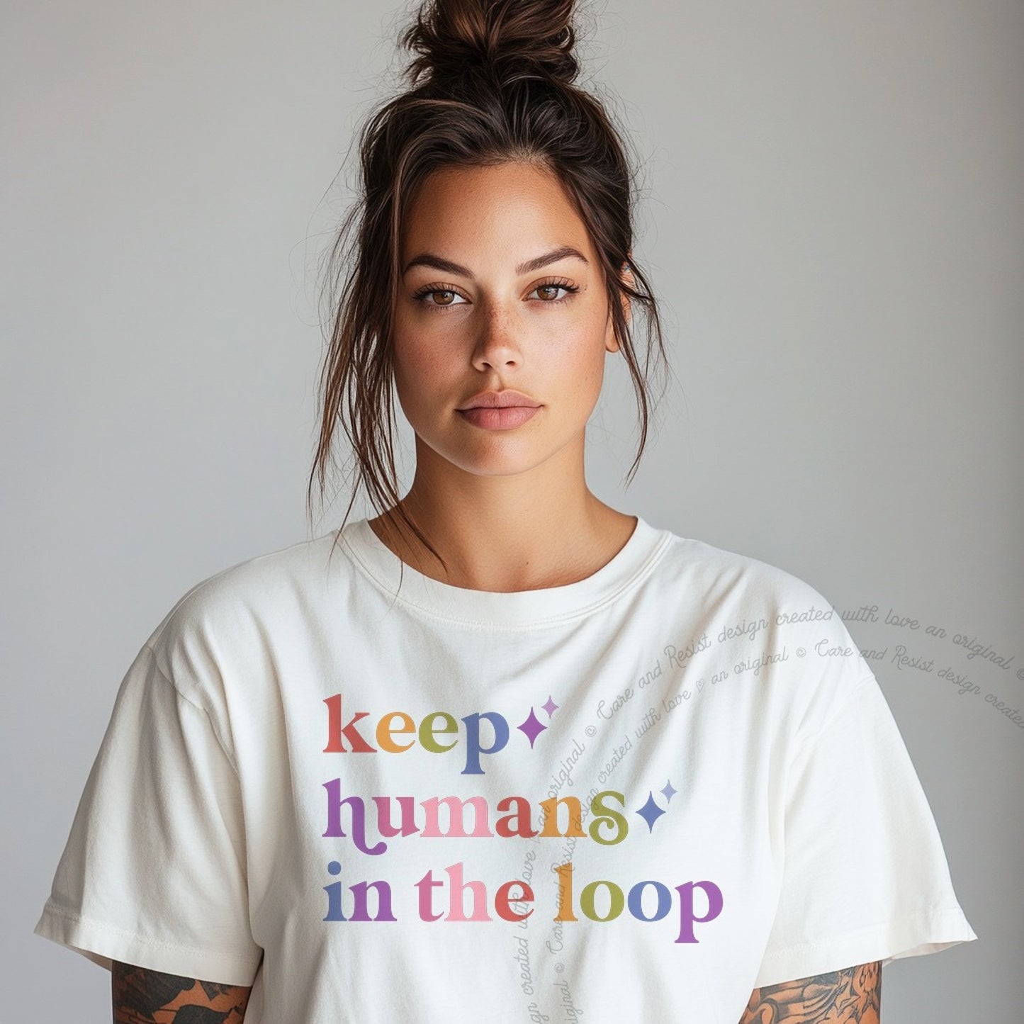 Keep Humans in the Loop Care & Resist rainbow Comfort Colors tee, White