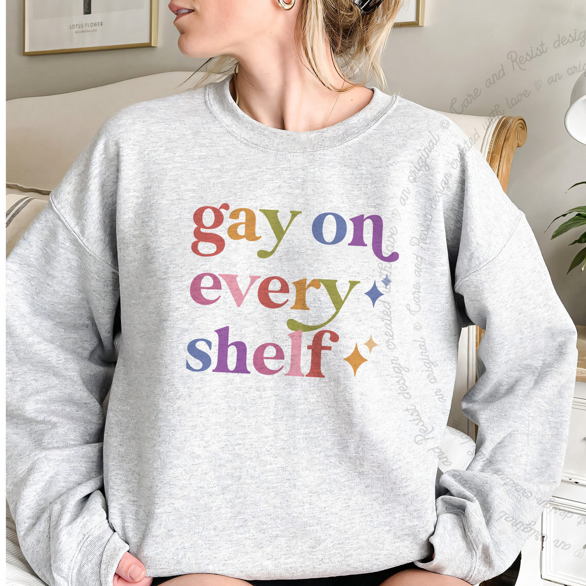 Gay on Every Shelf Care & Resist Gildan crewneck sweatshirt in Sport Grey
