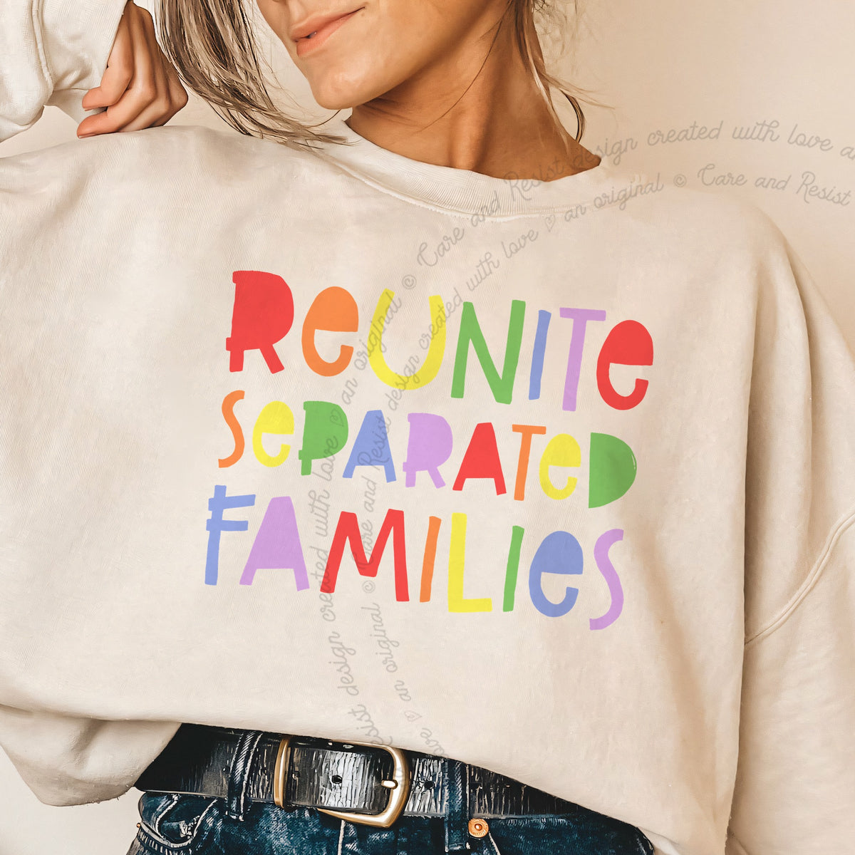 Reunite Separated Families Care & Resist Gildan crewneck sweatshirt in Sand