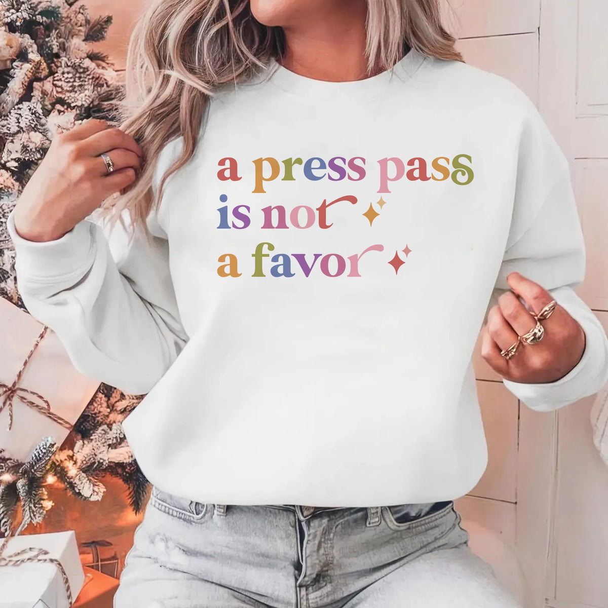 A Press Pass is not a Favor Care & Resist Gildan crewneck sweatshirt in White