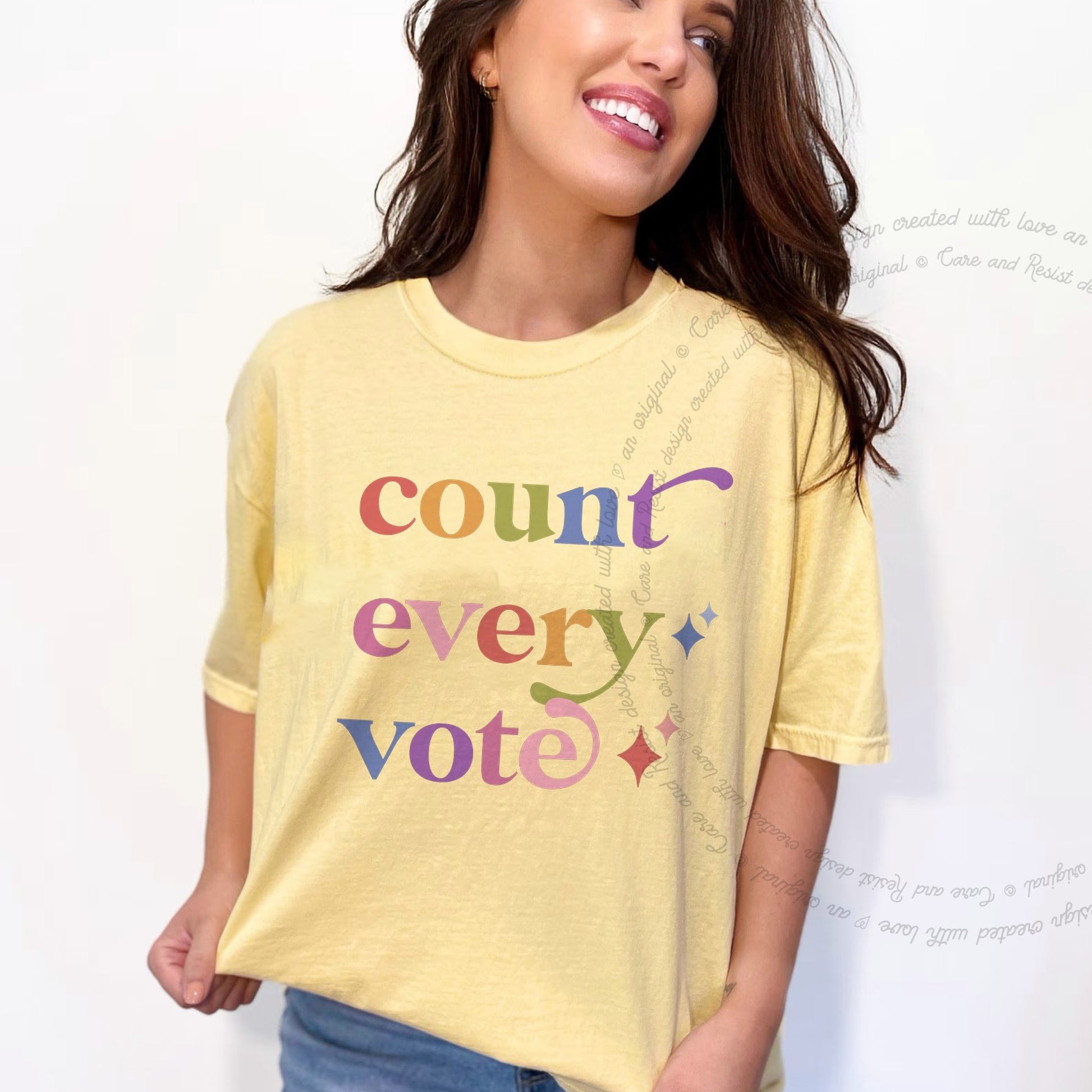 Count Every Vote Care & Resist rainbow Comfort Colors tee, Banana