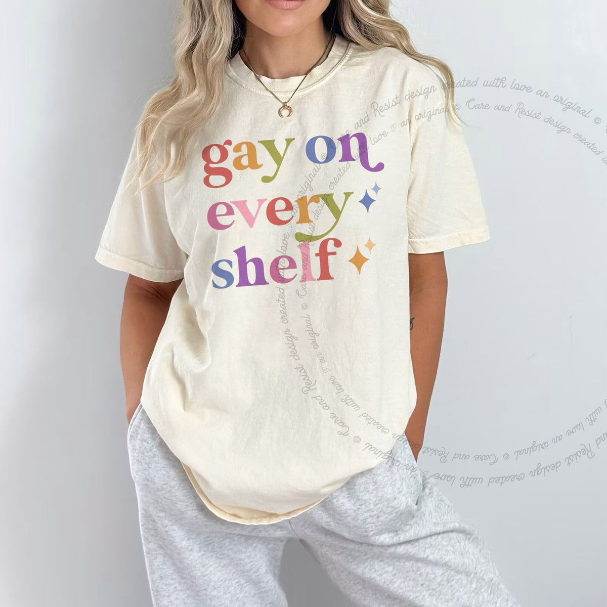 Gay on Every Shelf Care & Resist progressive t-shirt in Ivory