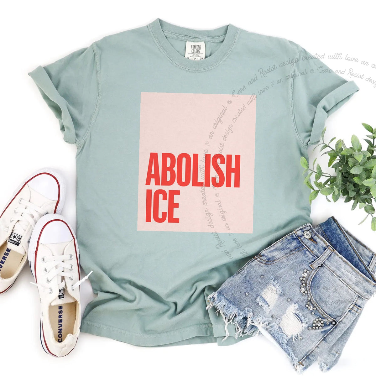 Abolish ICE Care & Resist progressive t-shirt in Bay
