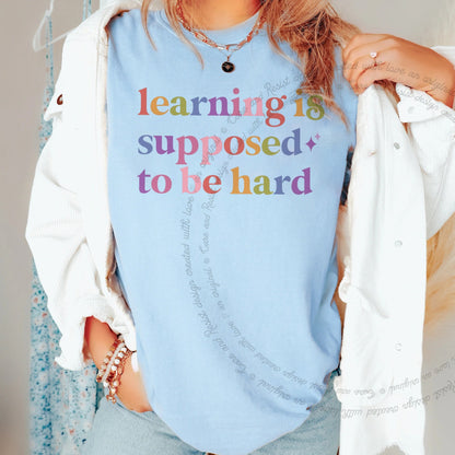 Learning is Supposed to Be Hard Care & Resist rainbow Comfort Colors tee, Chambray