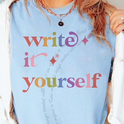 Write It Yourself Care & Resist progressive t-shirt in Chambray