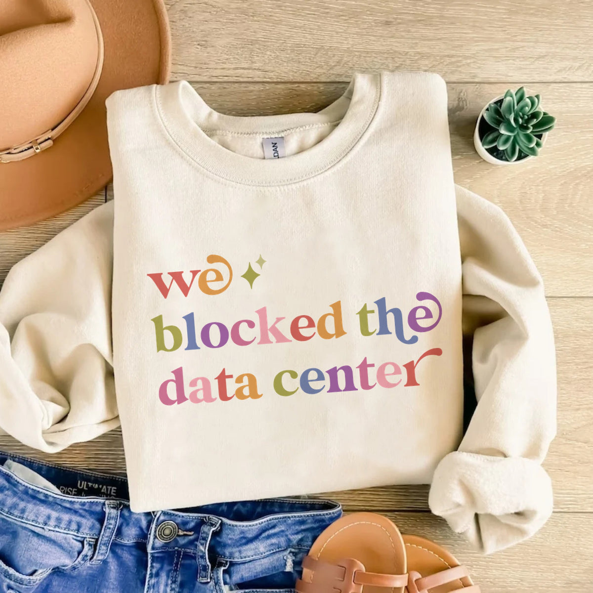 We Blocked the Data Center Care & Resist Gildan crewneck sweatshirt in Sand