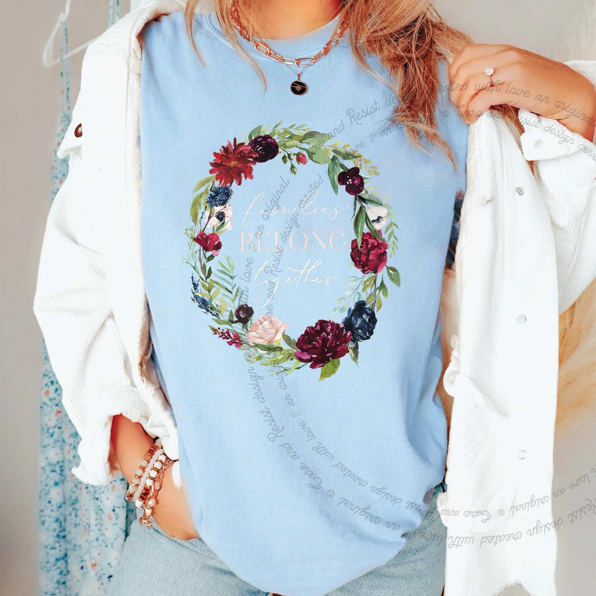 Families Belong Together Wreath Care & Resist progressive t-shirt in Chambray