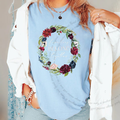 Families Belong Together Wreath Care & Resist progressive t-shirt in Chambray