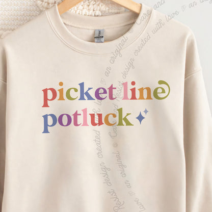 Picket Line Potluck Care & Resist Gildan crewneck sweatshirt in Sand