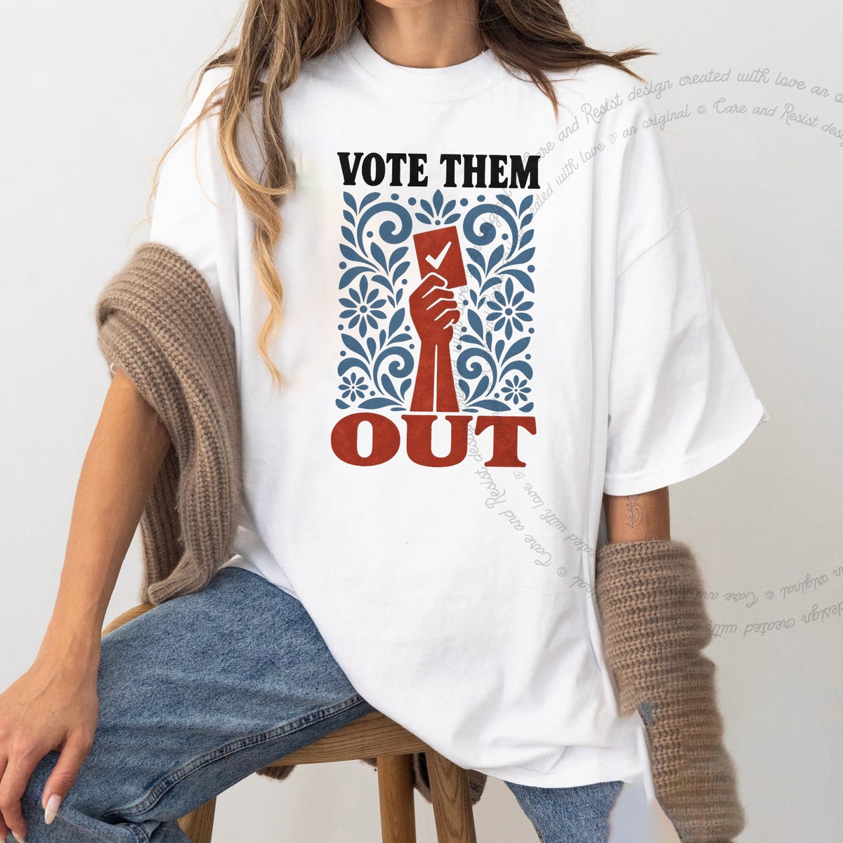 Vote Them Out Folk Ballot Care & Resist progressive t-shirt in White
