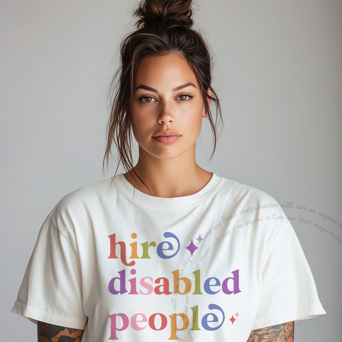 Hire Disabled People Care & Resist rainbow Comfort Colors tee, White