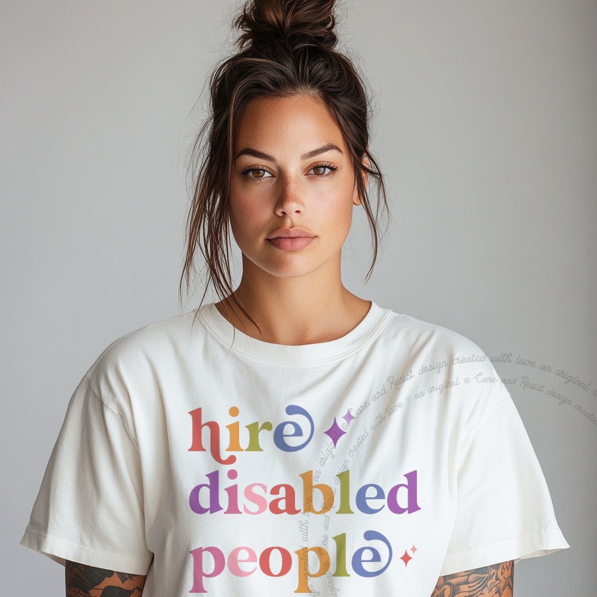 Hire Disabled People Care & Resist rainbow Comfort Colors tee, White